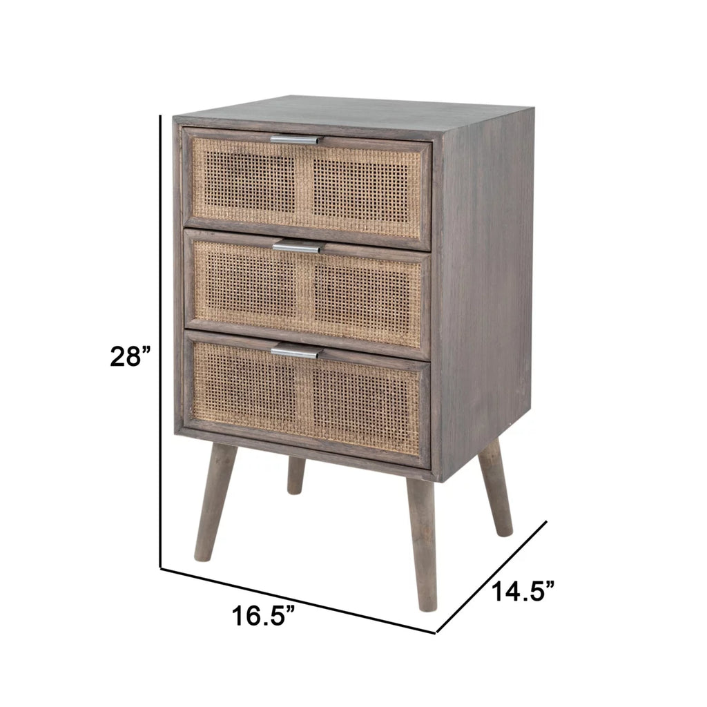 28 Inch 3 Drawer Pine Wood Rattan Dresser J18365