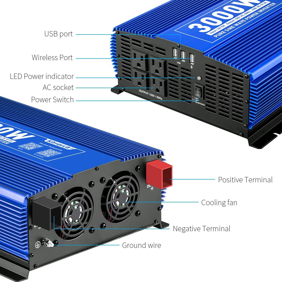 3000W Pure Sine Wave Power Inverter 12V DC to 110V AC with 4 AC Outlets 2 USB Ports H733