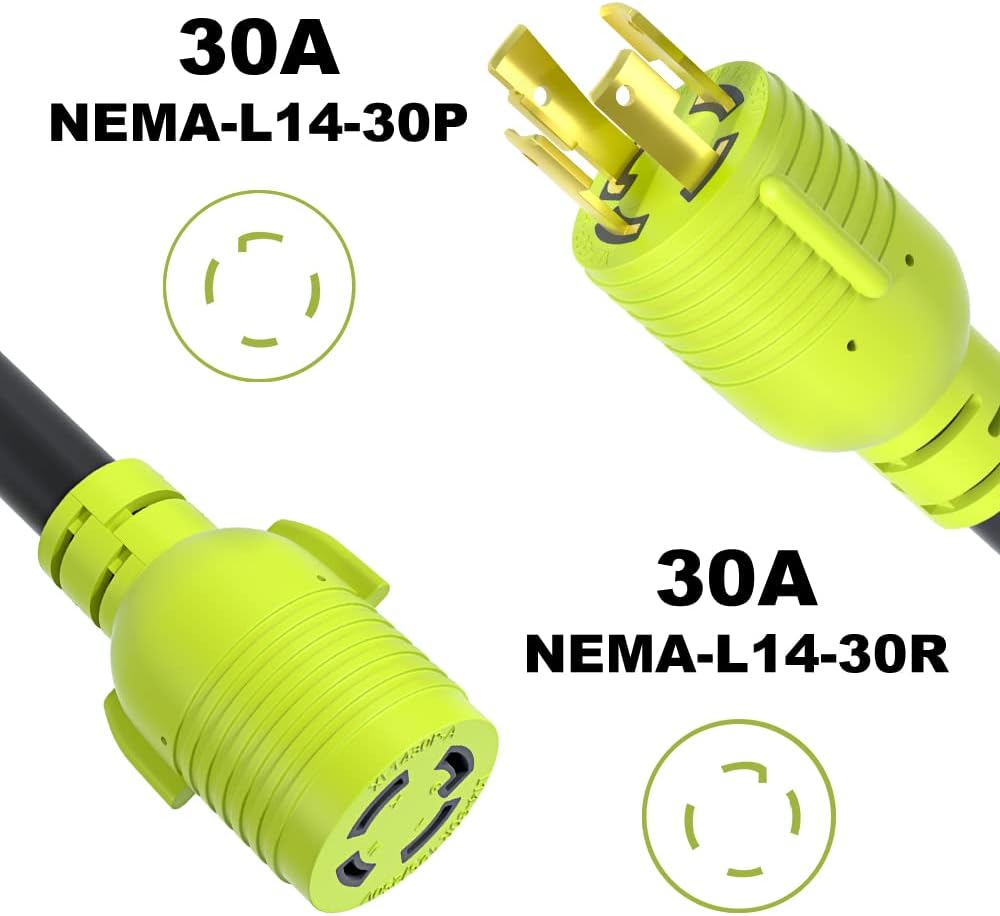 4 Prong 30 Amp Generator Extension Cord, NEMA L14-30P/L14-30R, 10 Gauge SJTW, Twist Lock Plug, 125/250V, 7500W, 20FT, Pack of 2 R36294