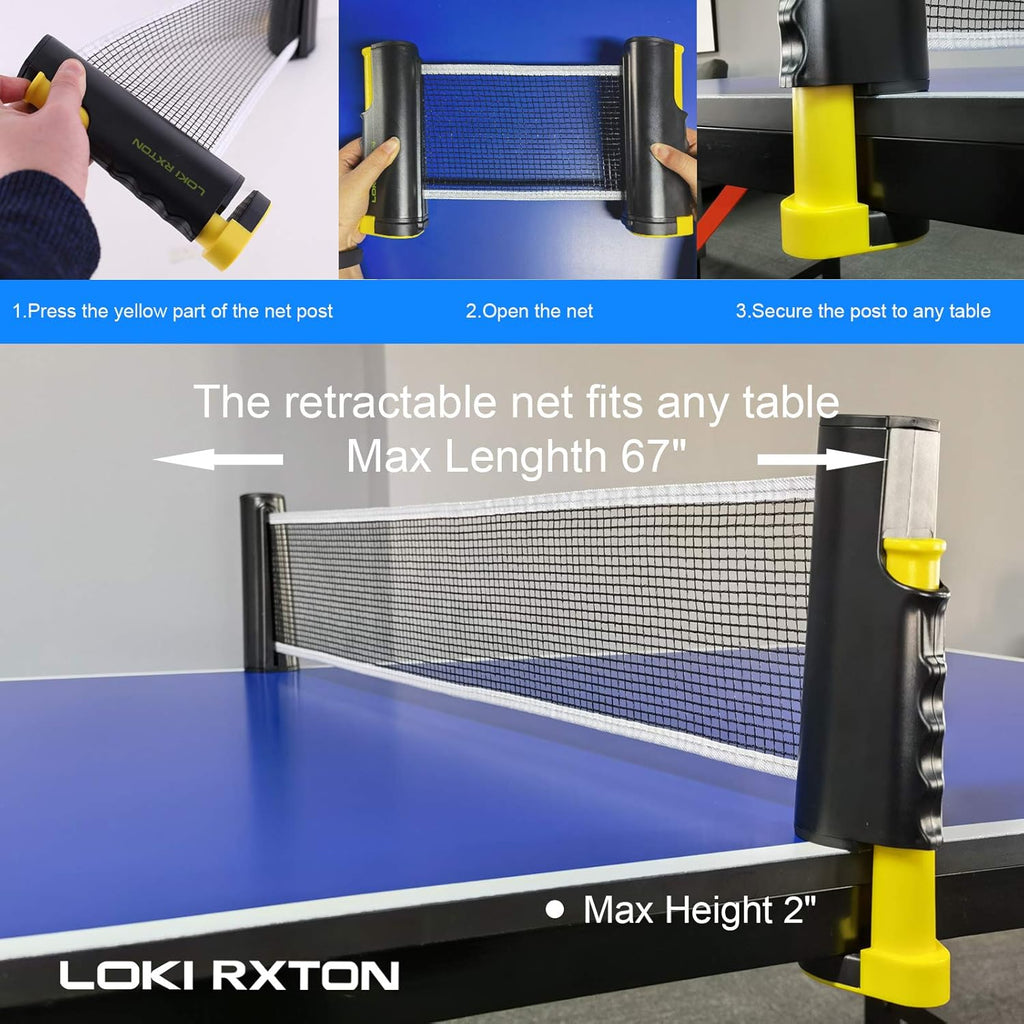 Ping Pong Paddles Set of 2 with Retractable Net, 6 Pack 3-Star Balls Portable Storage Case K640