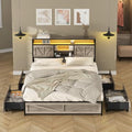 Queen Size Bed Frame with 4 Drawers LED Light and Headboard Storage Shelves, Wash Grey M85624