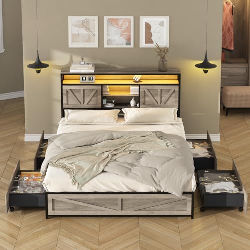 Queen Size Bed Frame with 4 Drawers LED Light and Headboard Storage Shelves, Wash Grey M85624