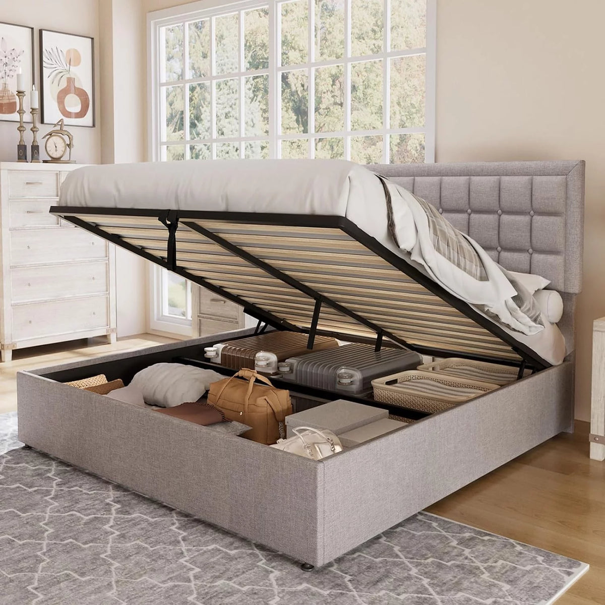 Queen Size Light Grey Upholstered Storage Bed Frame K972