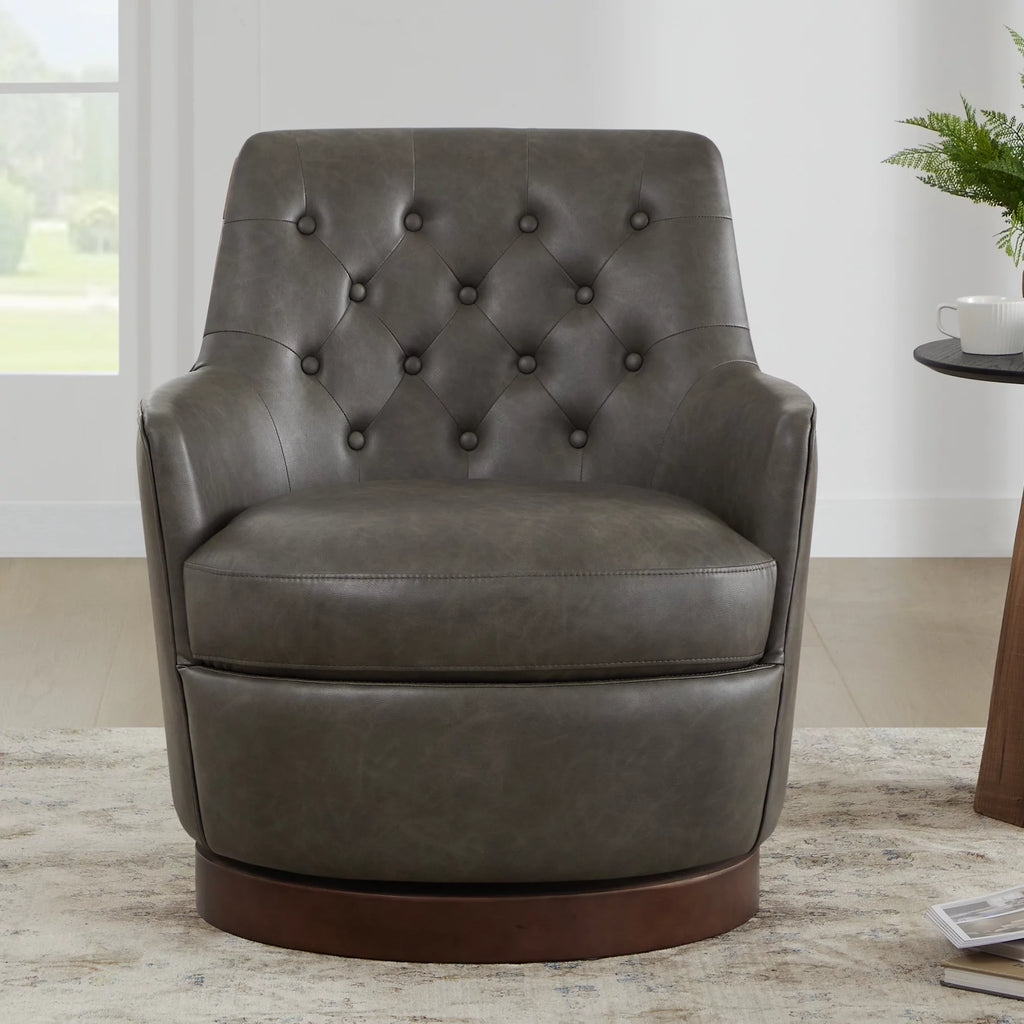 Dark Gray Faux Leather Swivel Barrel Accent Chair M9061