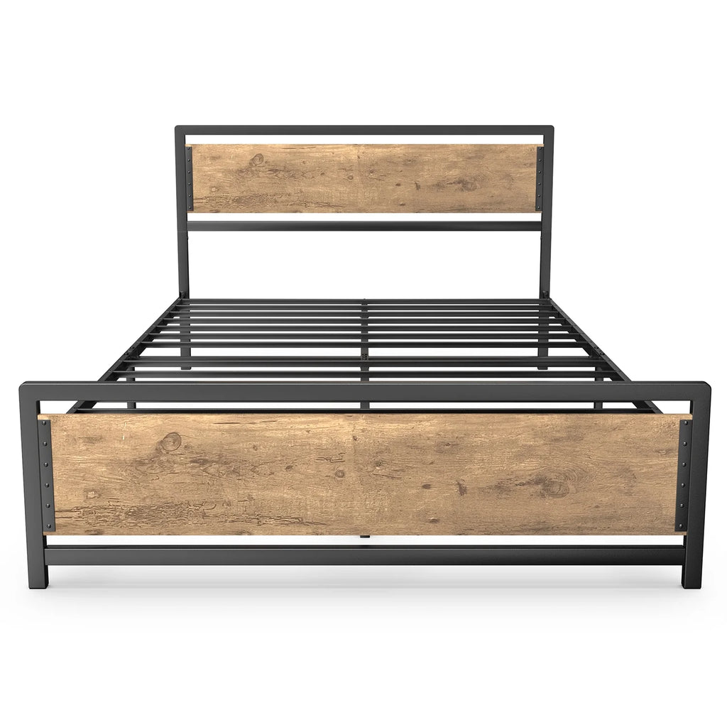 Queen Size Metal Platform Bed Frame with Wooden Headboard Footboard A44853