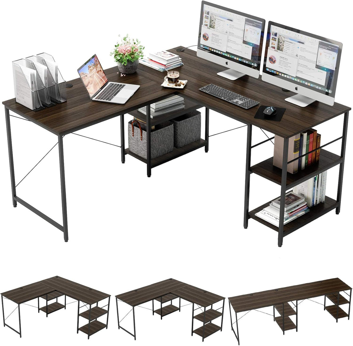 Grey Oak L Shaped Desk with Shelves 95.2 Inch Reversible Corner Computer Desk W42339