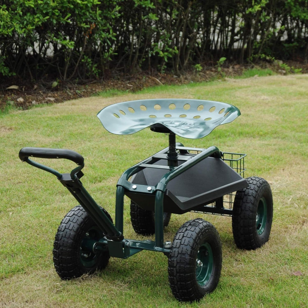 Green Steerable Garden Stool Cart with Tool Tray and Storage Basket on Wheels W83847