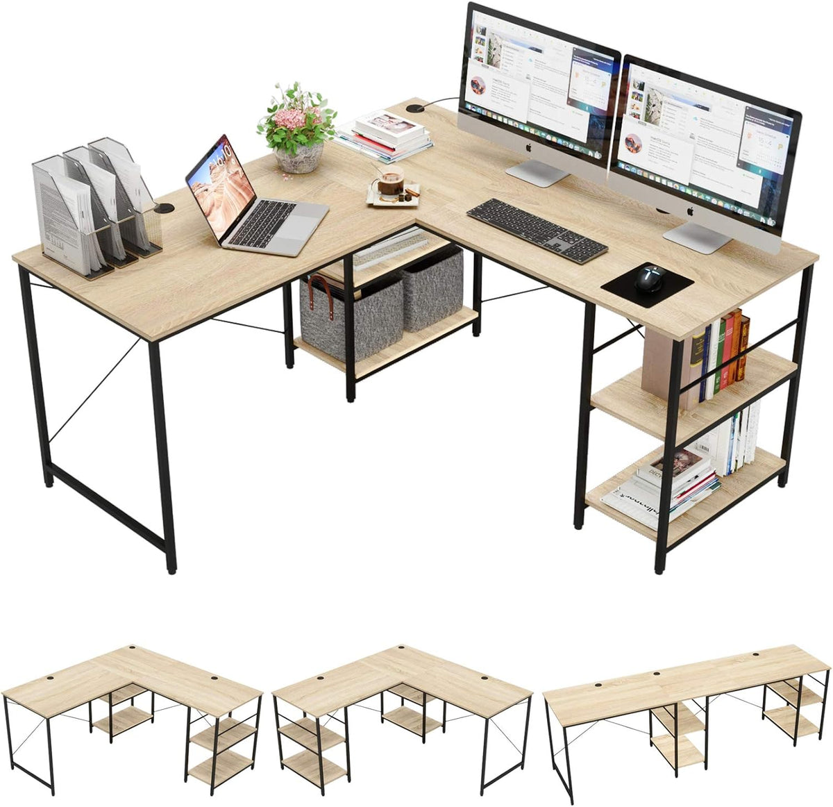 Grey Oak L Shaped Desk with Shelves 95.2 Inch Reversible Corner Computer Desk W42339