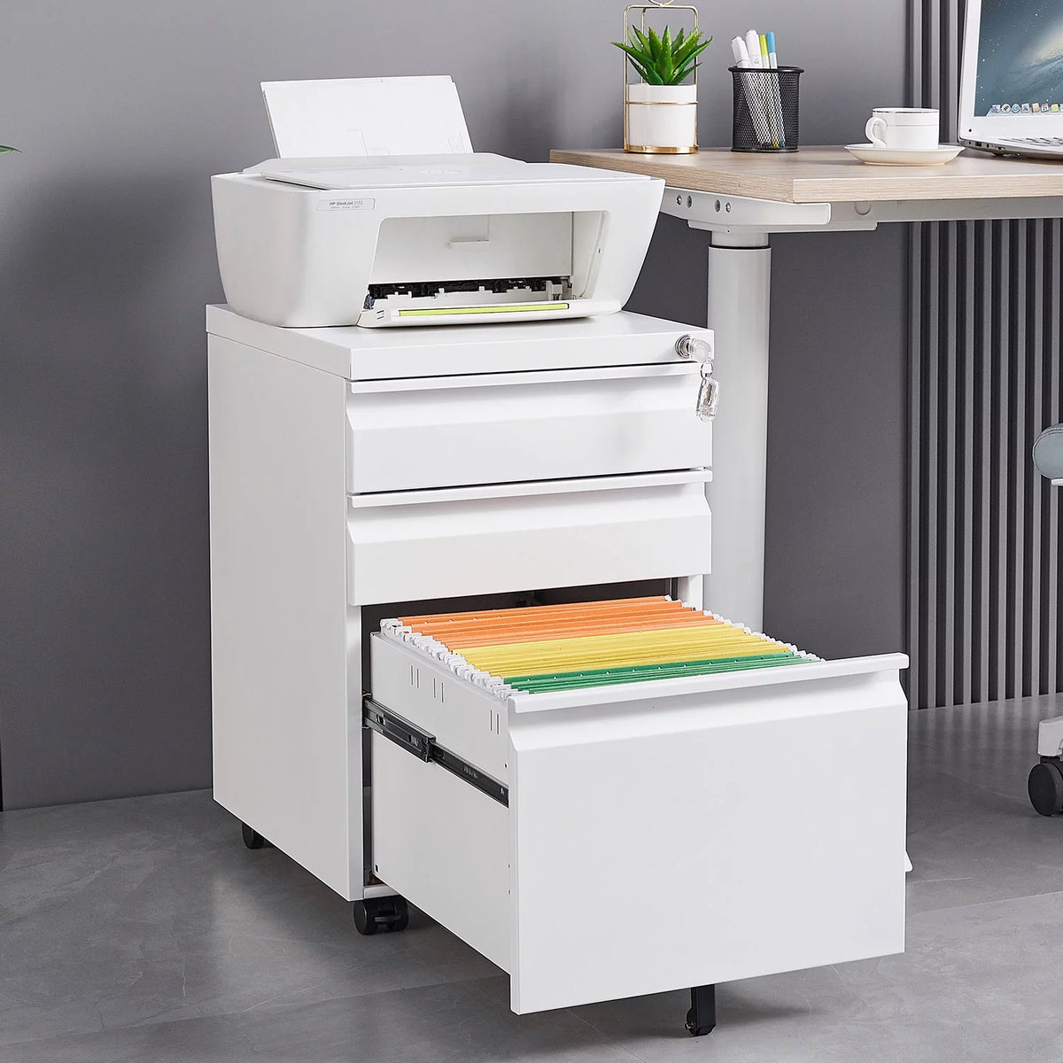 3 Drawer White Mobile File Cabinet with Lock U591