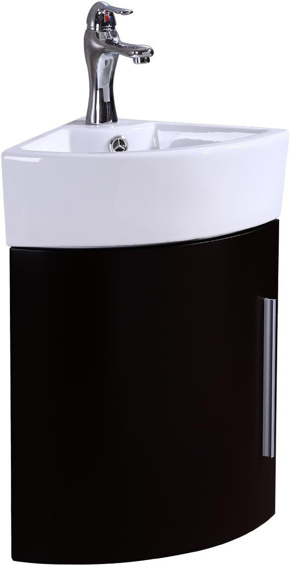 White Vitreous China Wall Mount Vanity Sink with Dark Oak Cabinet and Chrome Faucet A10118