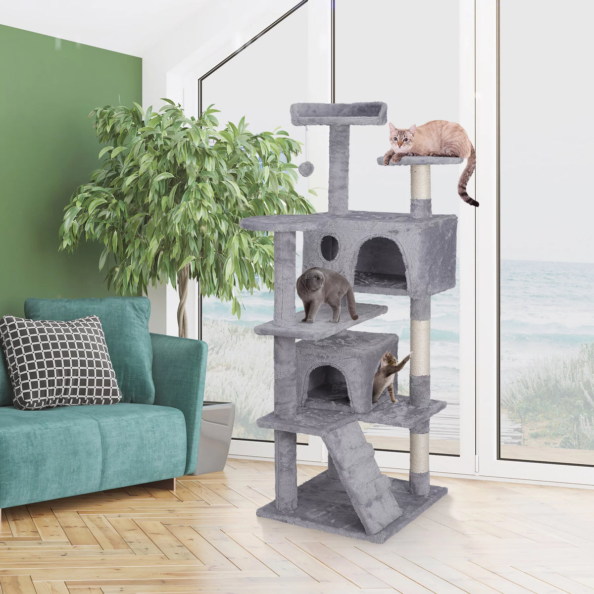 55-in Light Gray Cat Tree & Scratching Post Tower D3452