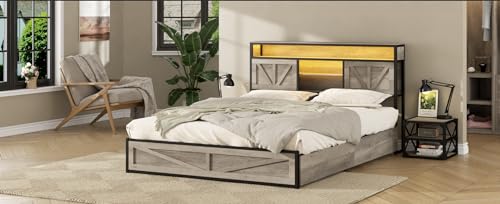 Queen Size Bed Frame with 4 Drawers LED Light and Headboard Storage Shelves, Wash Grey M85624