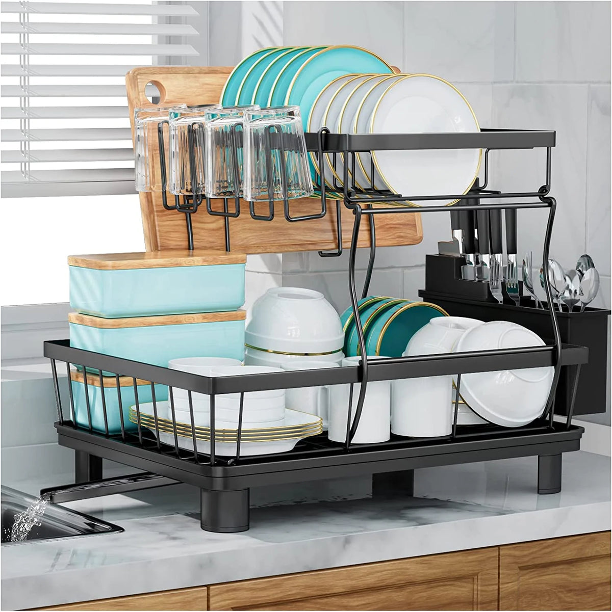 2 Tier Stainless Steel Dish Rack with Drainer A640
