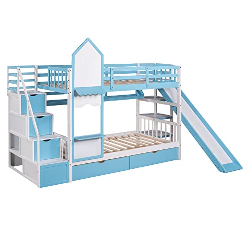 Gray Wood Twin Over Twin Floor Bunk Bed with Storage P9919