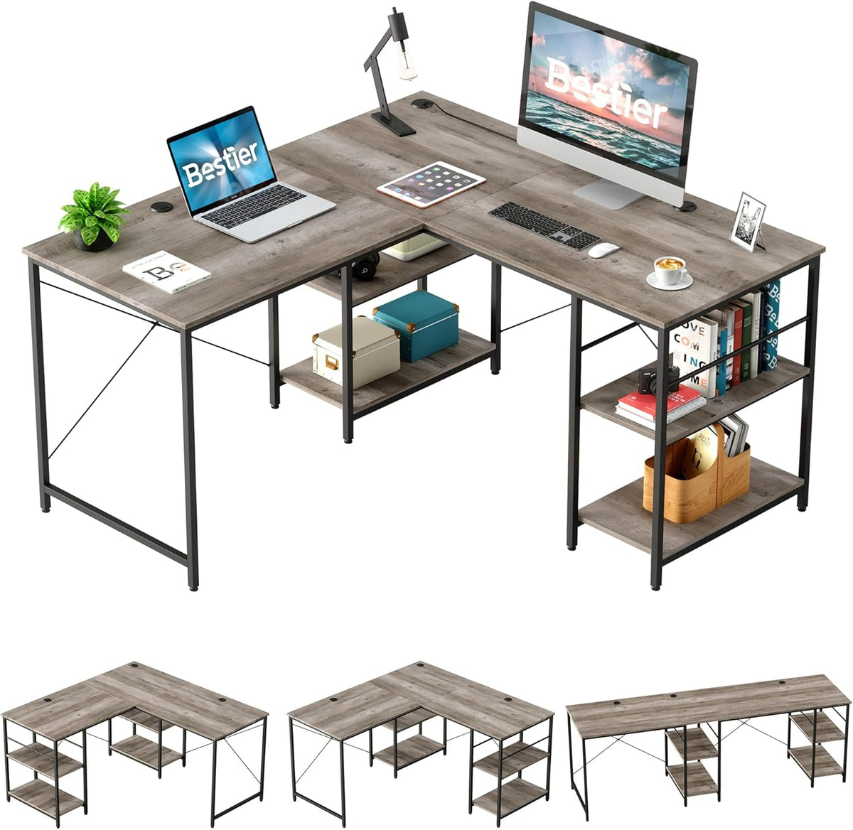 Grey Oak L Shaped Desk with Shelves 95.2 Inch Reversible Corner Computer Desk W42339