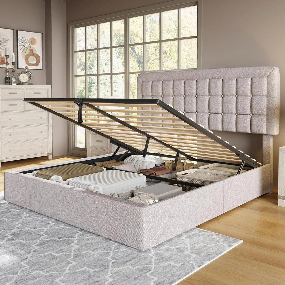 Queen Size Light Grey Upholstered Storage Bed Frame K972