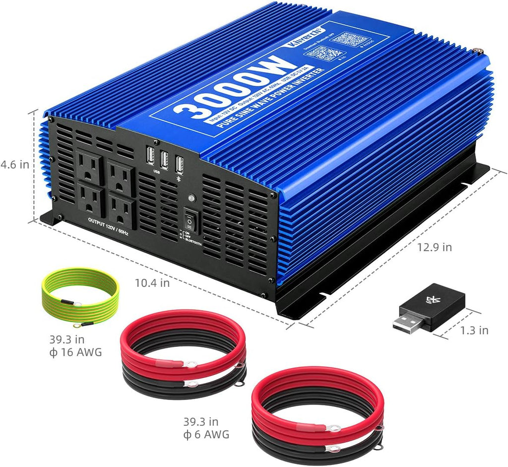3000W Pure Sine Wave Power Inverter 12V DC to 110V AC with 4 AC Outlets 2 USB Ports H733