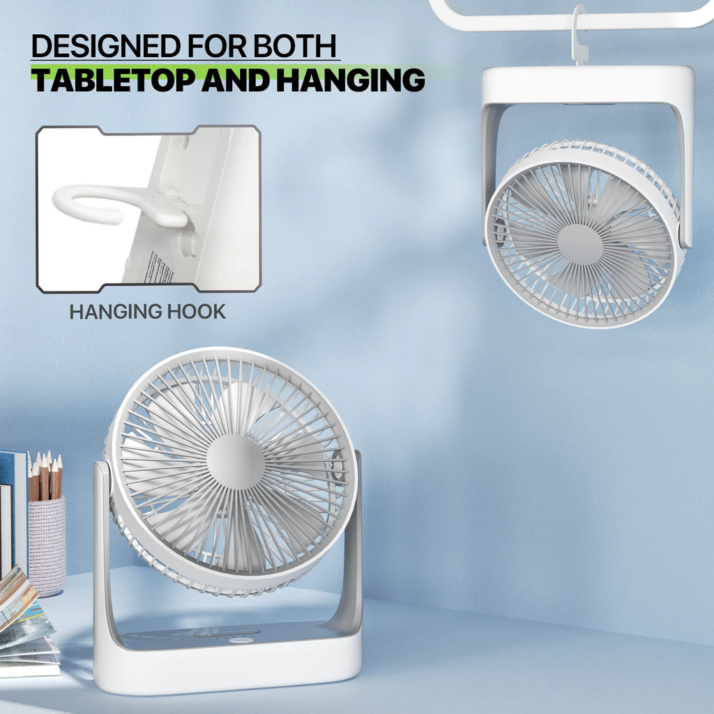 USB Desktop Fan, Rechargeable Wall Mounted Hanging Fan with LED Light, White Q98157