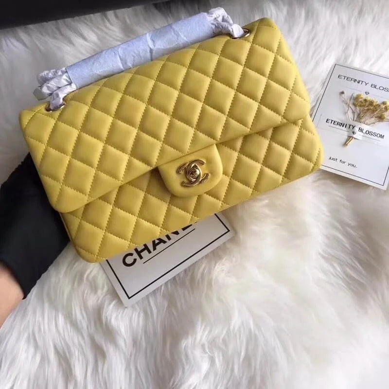 Yellow Medium Lambskin Leather Flap Bag Q55374
