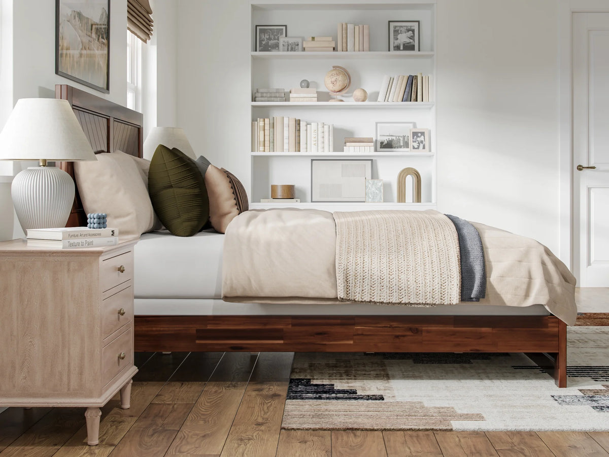 Queen Solid Wood Low Profile Platform Bed with Footboard, Walnut P51953