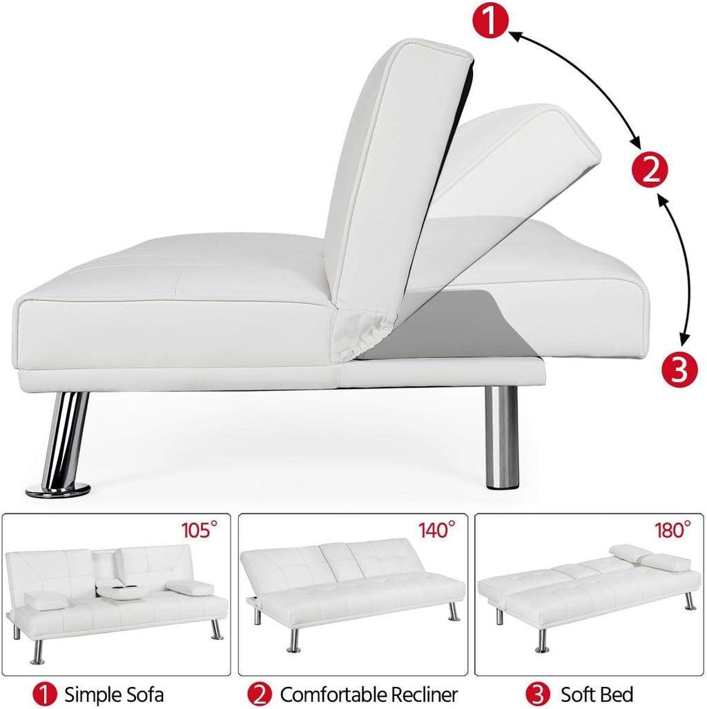White Faux Leather Futon Set Convertible Sleeper Loveseat Daybed C815794