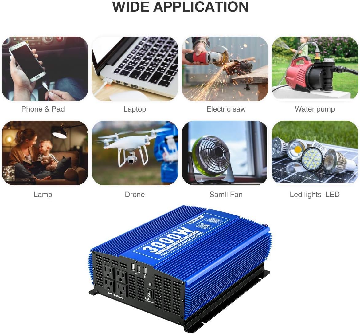 3000W Pure Sine Wave Power Inverter 12V DC to 110V AC with 4 AC Outlets 2 USB Ports H733