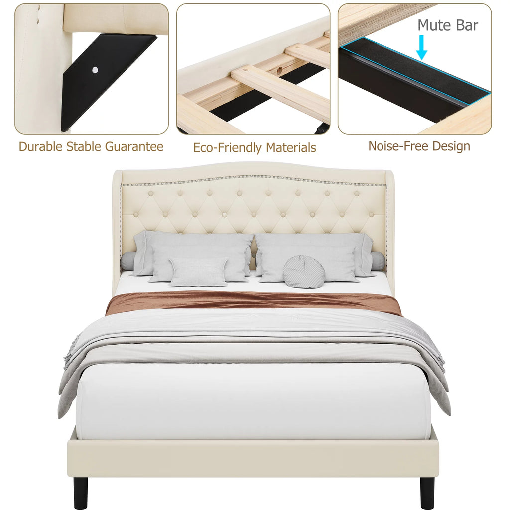 King Bed Frame with Wing-Back Button Tufted Upholstered Headboard D2126