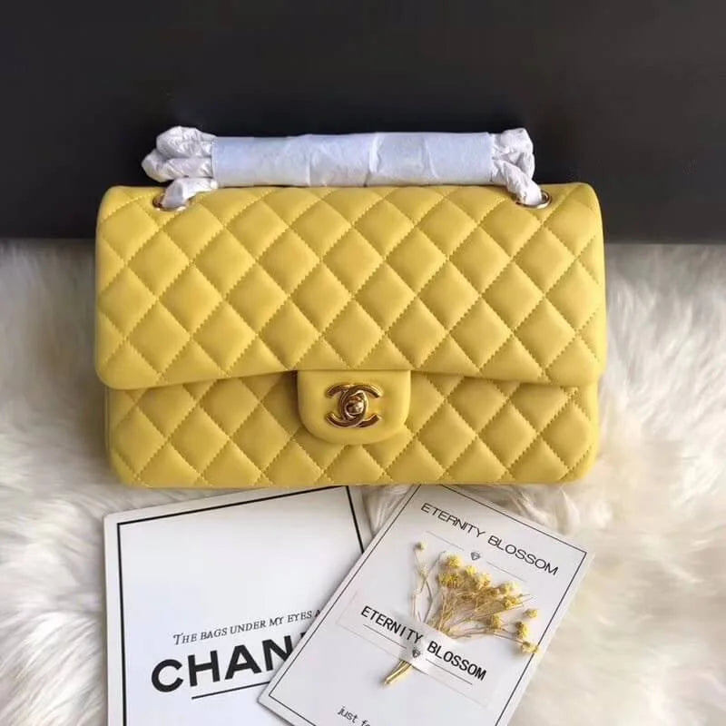 Yellow Medium Lambskin Leather Flap Bag Q55374