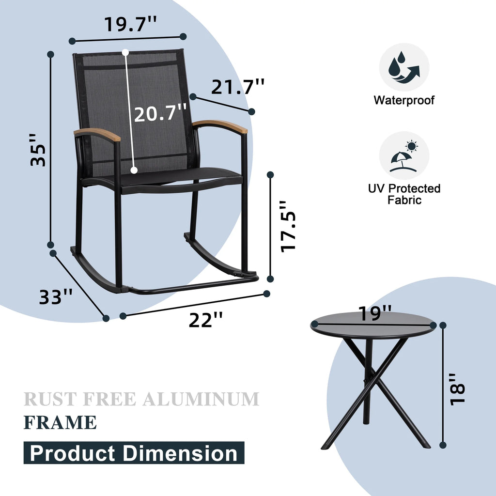 3 Pieces Patio Set Rocking Bistro Textilene Chair Black P704046