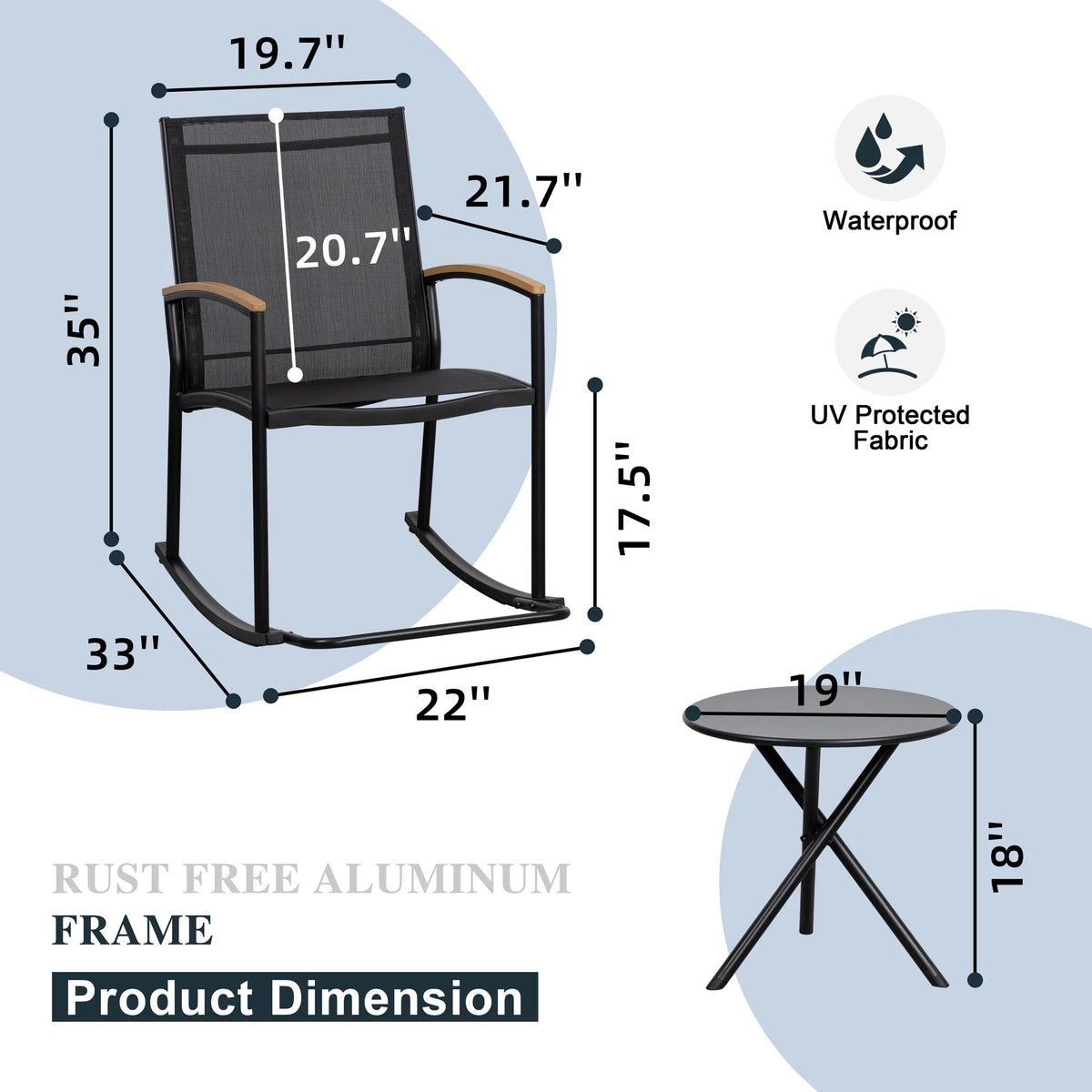 3 Pieces Patio Set Rocking Bistro Textilene Chair Black P704046