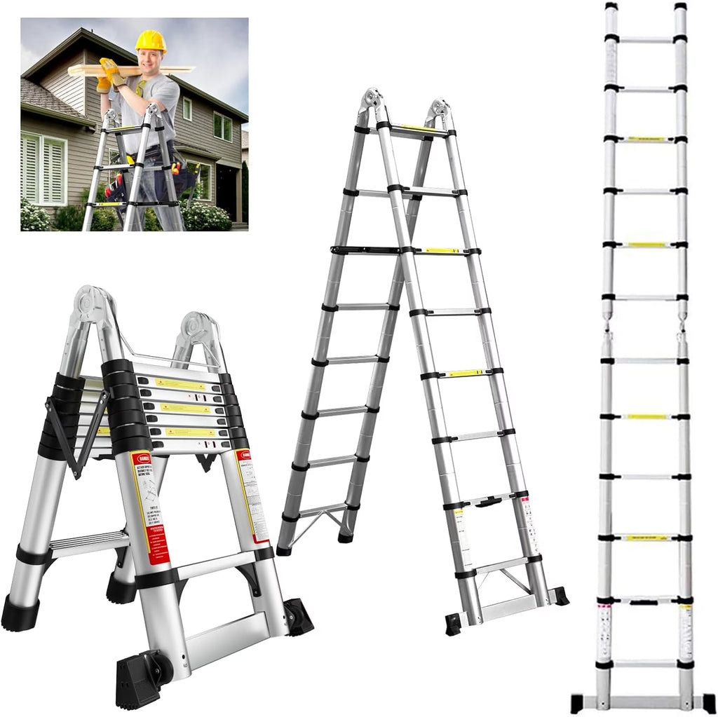16.5FT Aluminum Telescoping Ladder with Stabilizer Bar & Wheels T5049