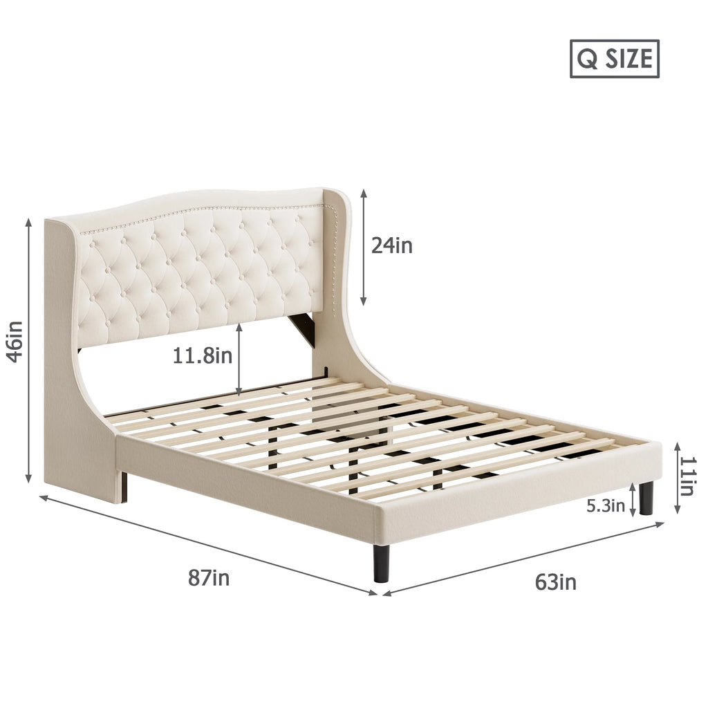 King Bed Frame with Wing-Back Button Tufted Upholstered Headboard D2126
