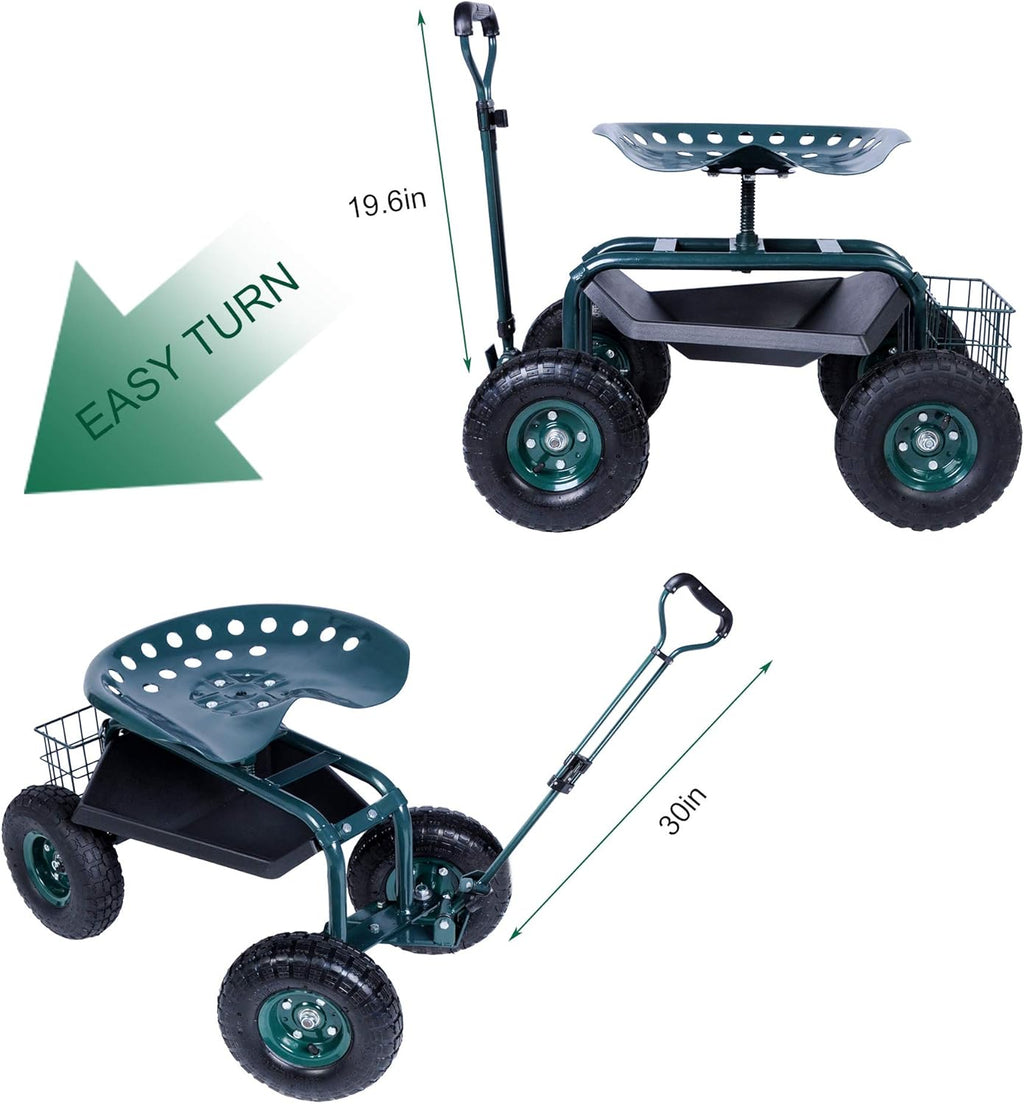 Green Steerable Garden Stool Cart with Tool Tray and Storage Basket on Wheels W83847