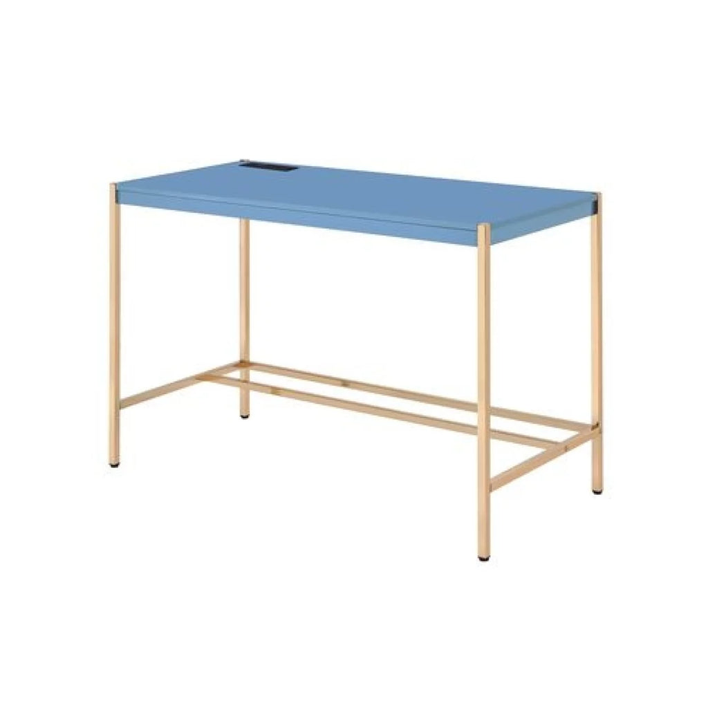 Blue and Rose Gold Writing Desk with USB Dock and Metal Legs H422