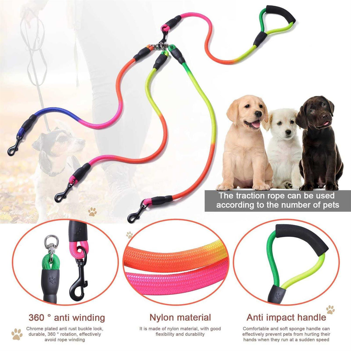 3 Way 75 Inch Detachable Dog Leash with Soft Padded Handle Q341