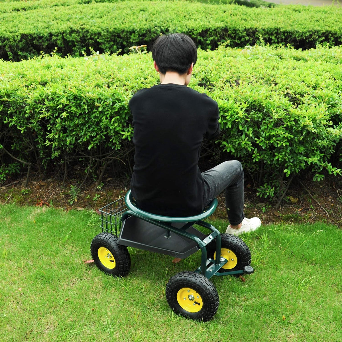 Green Steerable Garden Stool Cart with Tool Tray and Storage Basket on Wheels W83847
