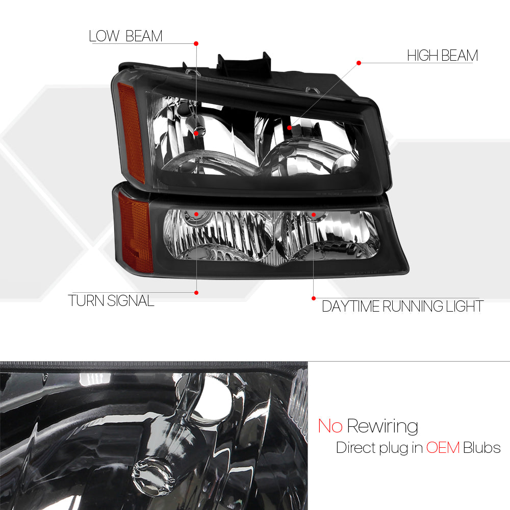Black Housing Headlight Amber Signal for 2003-2006 Chevy Silverado Avalanche I6060