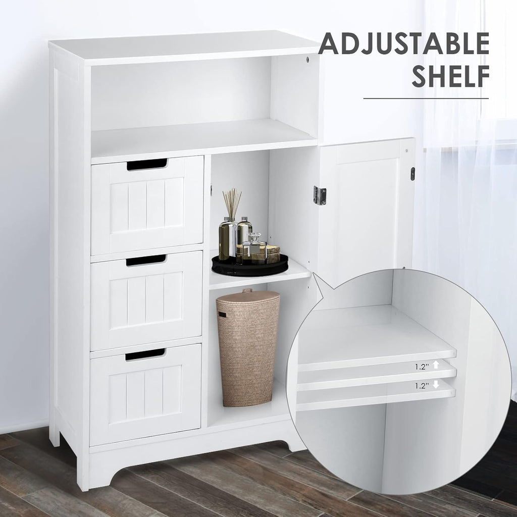 White Wood Bathroom Floor Cabinet with 3 Drawers and 1 Door I82588