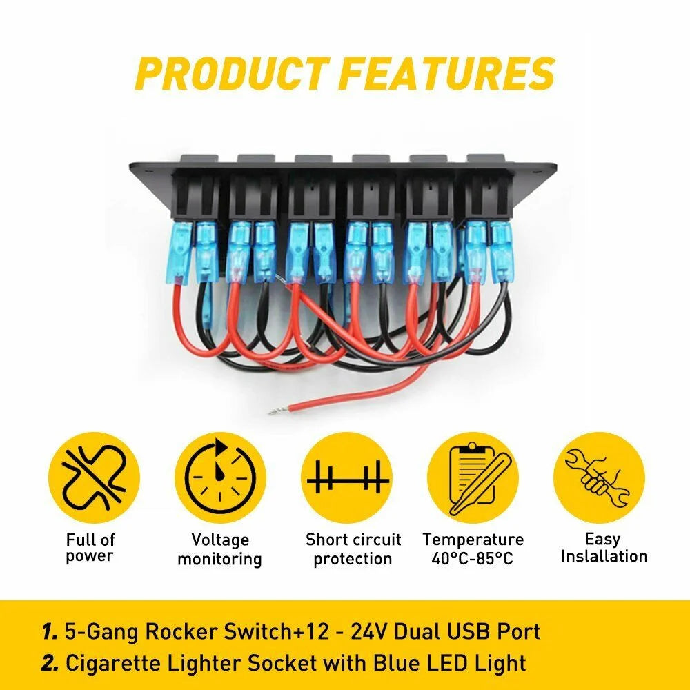 6 Gang Blue LED Waterproof Rocker Switch Panel C360613