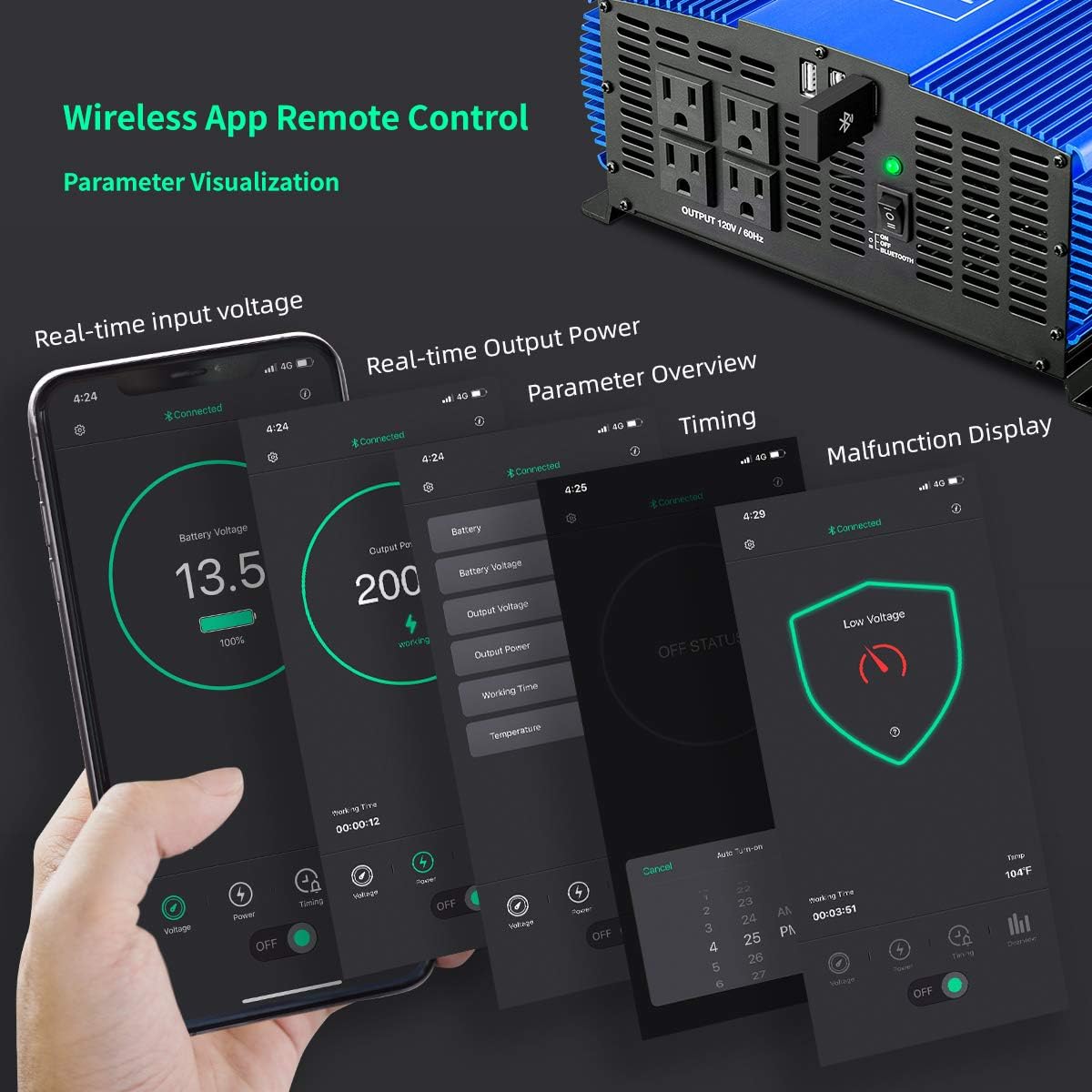 3000W Pure Sine Wave Power Inverter 12V DC to 110V AC with 4 AC Outlets 2 USB Ports H733
