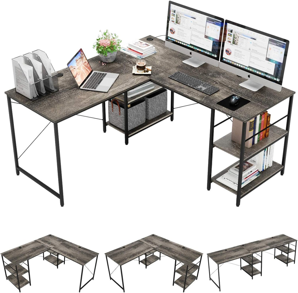 Grey Oak L Shaped Desk with Shelves 95.2 Inch Reversible Corner Computer Desk W42339
