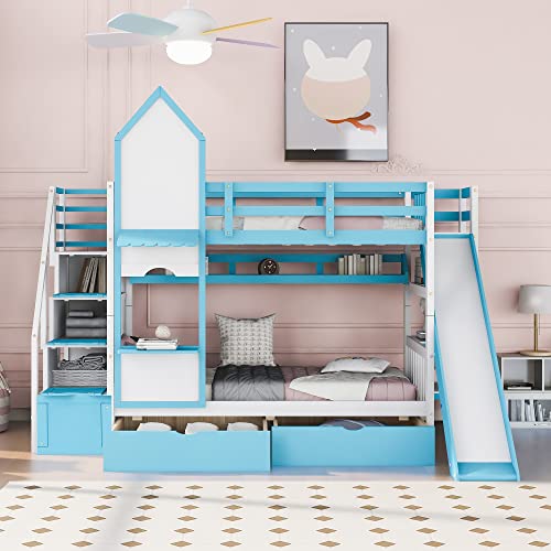 Gray Wood Twin Over Twin Floor Bunk Bed with Storage P9919