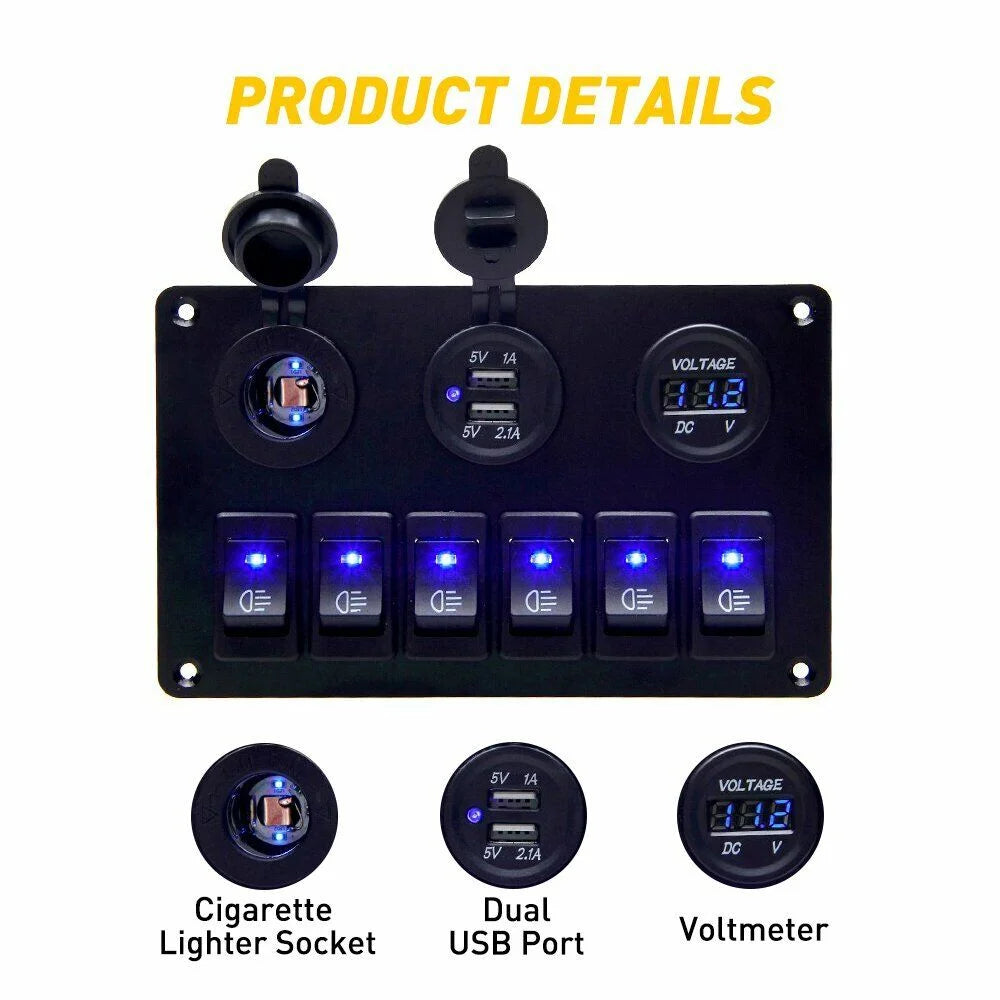 6 Gang Blue LED Waterproof Rocker Switch Panel C360613