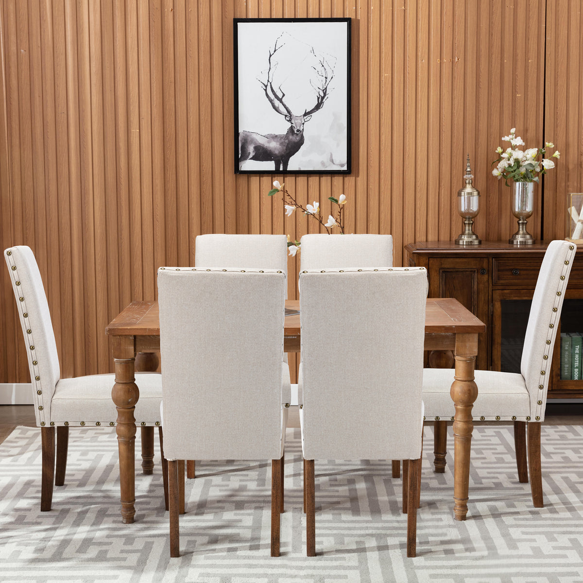 Beige Linen Solid Wood Parson Chair Set of 6 H1642