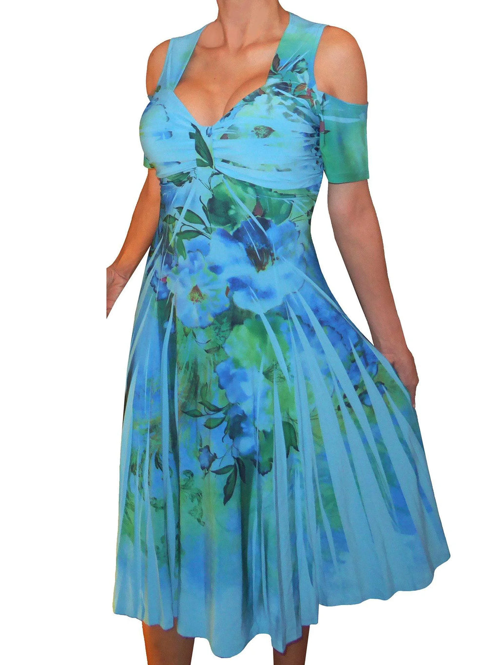 Blue Floral Cold Open Shoulders Cocktail Dress T1506