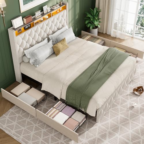 Queen Velvet Upholstered Bed Frame with 4 Storage Drawers, Beige G6066