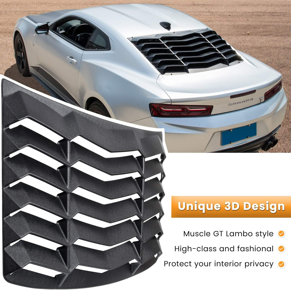 Matte Black Rear Side Window Louvers Sun Shade Cover for Chevrolet Camaro 2016-2021 U9648
