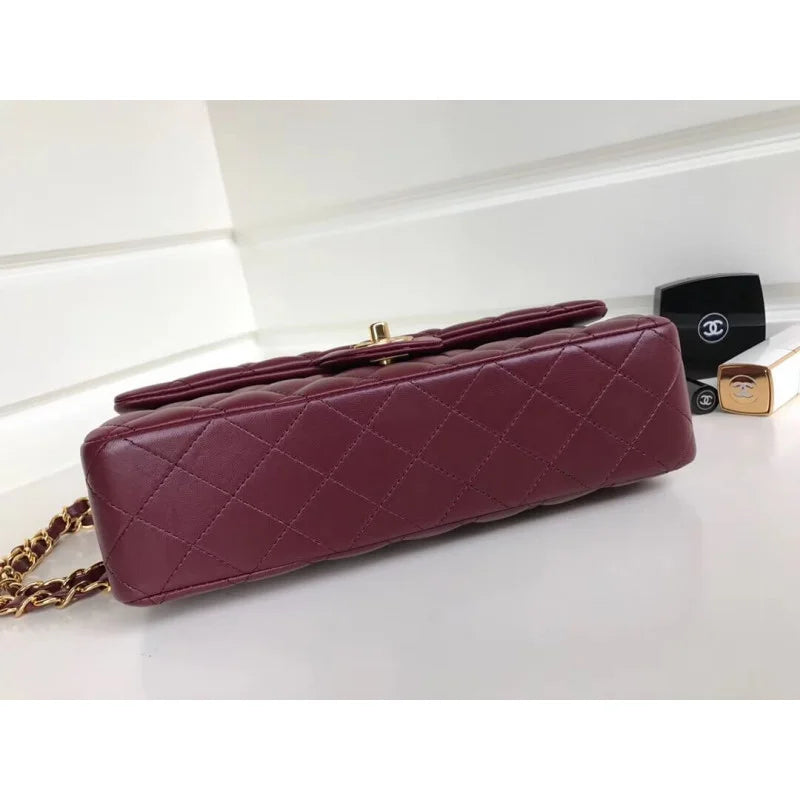 Burgundy Lambskin Leather Flap Bag T203