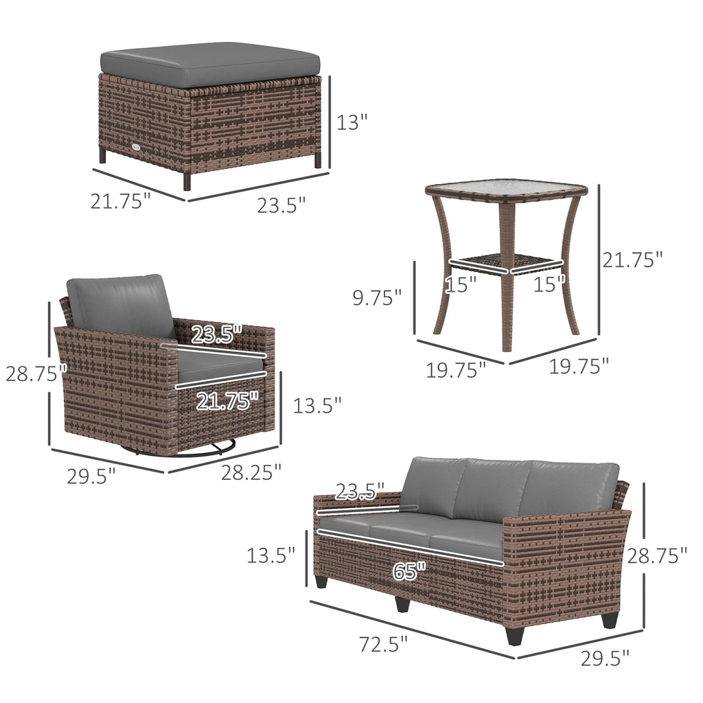 6pc Patio Furniture Set with Couch, Swivel Rocking Chairs, Brown T53600