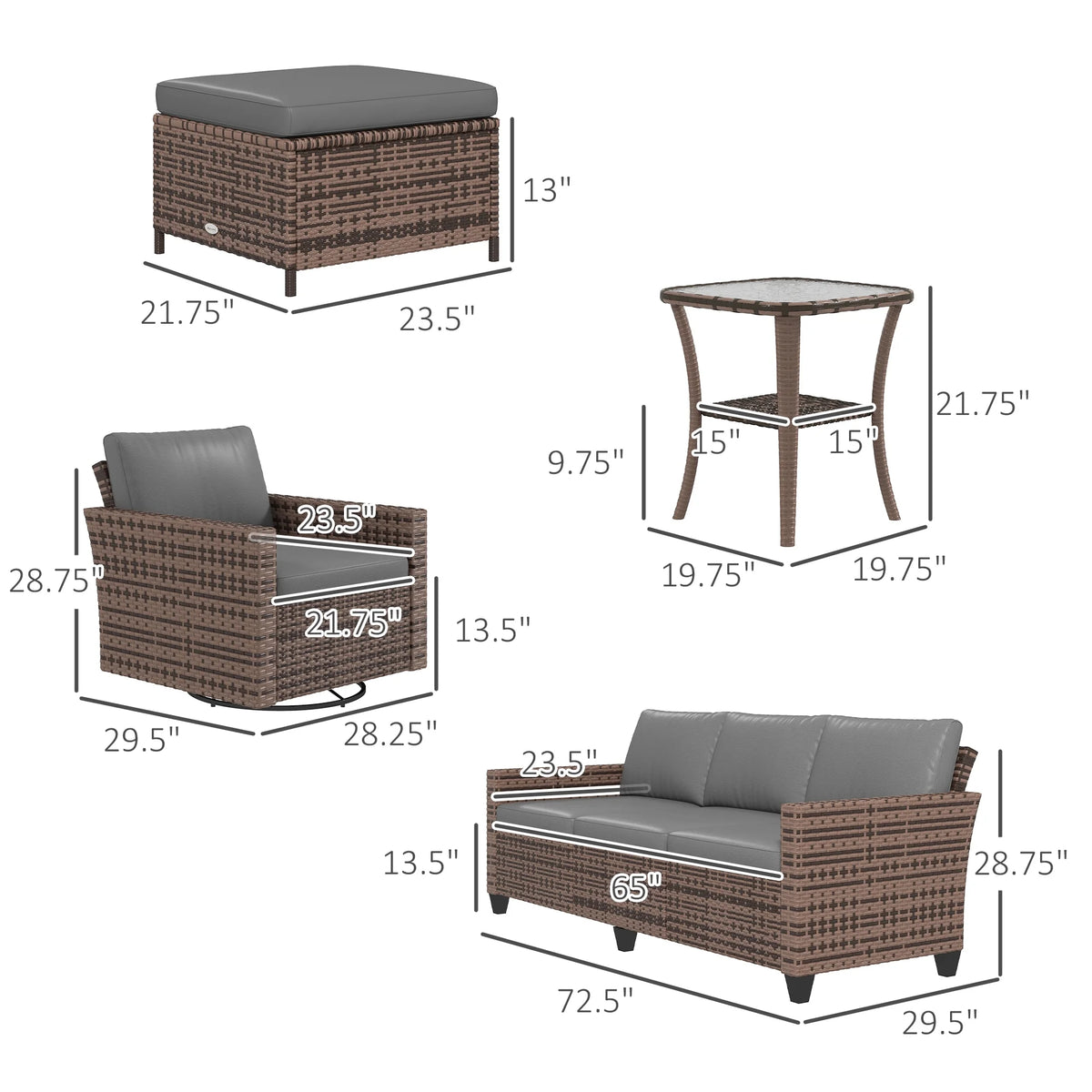 6pc Patio Furniture Set with Couch, Swivel Rocking Chairs, Brown T53600